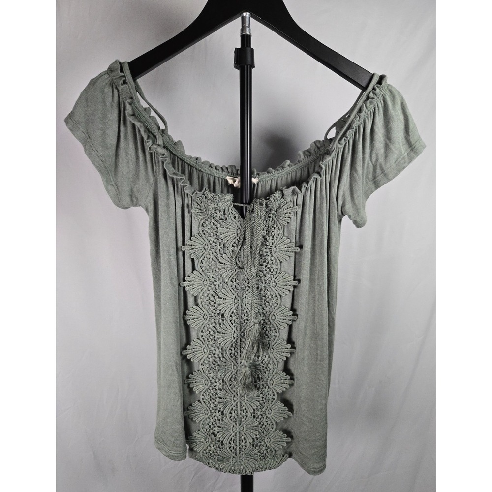 Sage Green Boho Peasant Top Size M Crochet Lace Off Shoulder Fairy Cottagecore